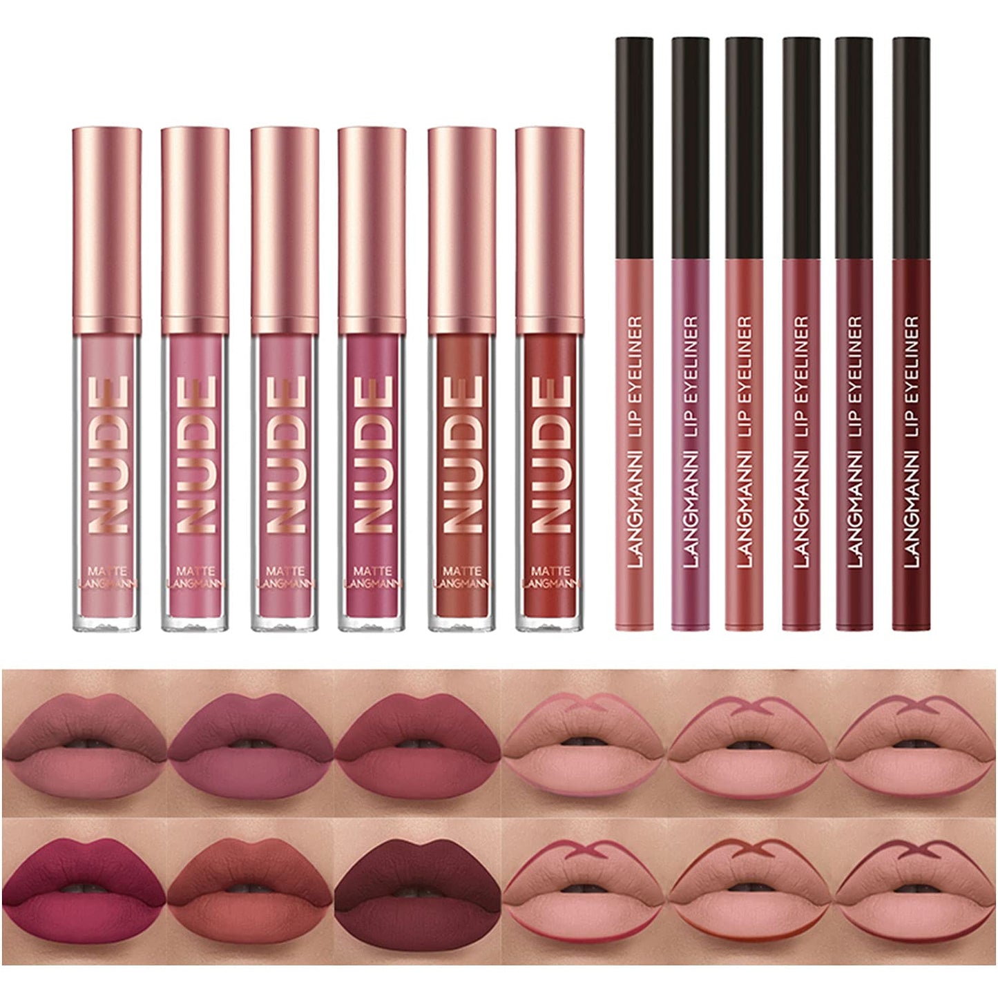 12Pcs Matte Liquid Lipstick + Lip Liner Pens Set, Velvety Nude Lip Stain Waterproof Long Wear Makeup Gift Set