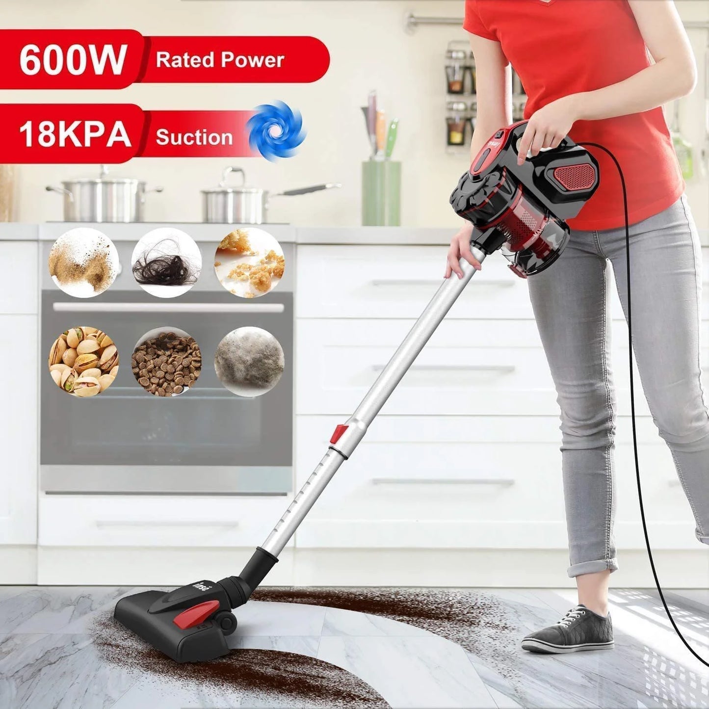 Corded Vacuum Cleaner, 3 in 1 Stick Vacuum with 18Kpa Powerful Suction 600W Motor, Lightweight Handheld Vacuum for Pet Hair Hard Floor Home