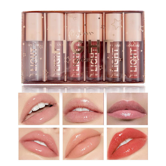 6PCS Nude Lip Gloss Set Shine Glossy Plumping Clear Non-Sticky Matte Liquid Nude Lipstick Lip Stain Set A