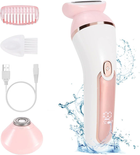 Electric Shaver for Women - Wet & Dry Lady Shaver for Legs, Underarms, Face, Bikini Hair Removal - Cordless, Waterproof, Painless, 2-In-1 Girl Electric Razor - USB Rechargeable (Pink)